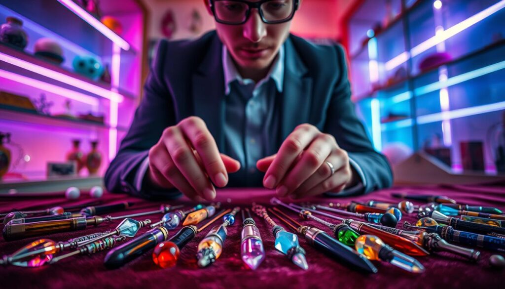 A close-up scene depicting an individual thoughtfully selecting a dowsing pendulum from an array of colorful options laid out on a velvet cloth. The pendulums, crafted from various materials like crystal, wood, and metal, shimmer under soft, diffused neon lighting that creates an ethereal atmosphere. The background features softly blurred shelves lined with mystical items, adding to the overall ambiance. The person, dressed in smart casual attire, has an expression of concentration and curiosity, their hands gently hovering over the pendulums. The angle captures the selection process as if the observer is part of it, inviting them into the mystical experience of choosing the right pendulum. The color palette mixes vibrant hues with dark shadows, enhancing the dreamlike quality of the setup.