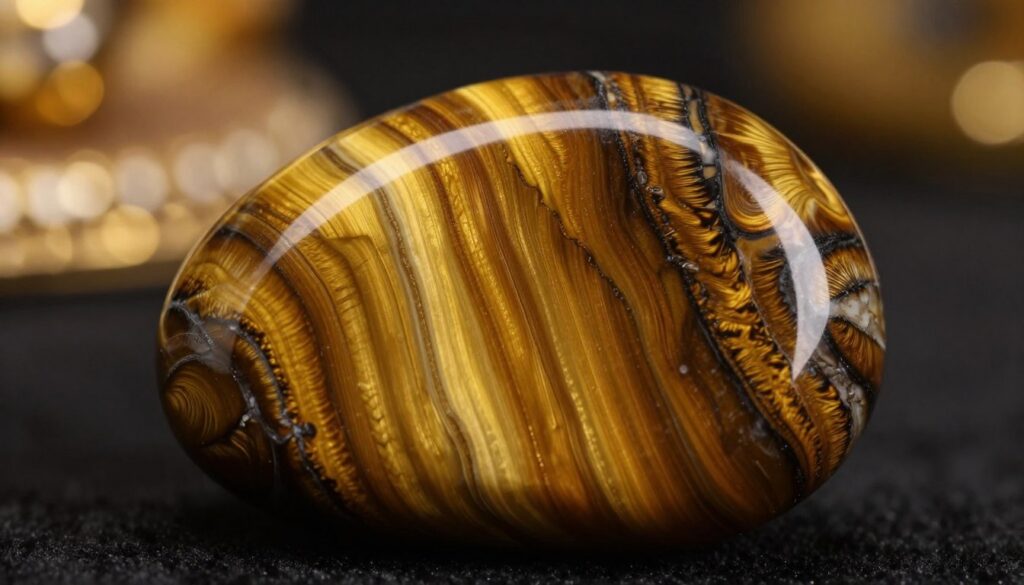 A close-up view of a captivating tiger eye gemstone showing its striking golden chatoyancy. The foreground features a polished tiger eye stone, showcasing rich browns and vibrant golds, with the unique silky sheen reflecting light in a mesmerizing wave across its surface. In the middle ground, soft, blurred bokeh elements hint at a luxurious setting, with subtle hints of richly textured fabrics. The background is dark, allowing the warm golden hues of the stone to stand out, illuminated by soft, diffused lighting that enhances the gemstone's luster and depth. The overall mood is elegant and sophisticated, reflecting confidence and strength, with a modern, high-end magazine advertisement aesthetic, appealing to a stylish adult Gen Z audience. A close-up view of a captivating tiger eye gemstone showing its striking golden chatoyancy. The foreground features a polished tiger eye stone, showcasing rich browns and vibrant golds, with the unique silky sheen reflecting light in a mesmerizing wave across its surface. In the middle ground, soft, blurred bokeh elements hint at a luxurious setting, with subtle hints of richly textured fabrics. The background is dark, allowing the warm golden hues of the stone to stand out, illuminated by soft, diffused lighting that enhances the gemstone's luster and depth. The overall mood is elegant and sophisticated, reflecting confidence and strength, with a modern, high-end magazine advertisement aesthetic, appealing to a stylish adult Gen Z audience.