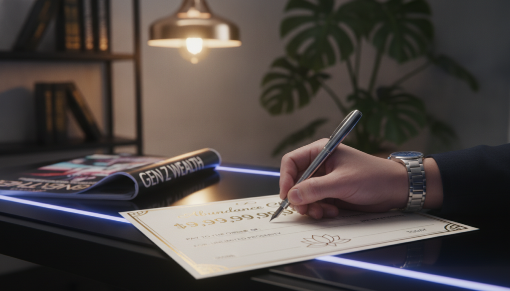 A close-up view of a hand elegantly writing an abundance check on a sleek, modern desk adorned with colorful neon-lit elements, creating a dreamy atmosphere. The abundance check features a large numerical amount and decorative symbols to signify prosperity, with the hand wearing a stylish watch and using a premium pen. The background softly blurs to showcase shelves filled with motivational books and a potted plant, enhancing the ambiance of success and positivity. Golden light emanates from an overhead lamp, casting a warm glow over the scene, while hints of vibrant colors accentuate the luxurious, high-end magazine advertisement style. The overall mood conveys professionalism, optimism, and abundance, suitable for an audience of adult Gen Z. A close-up view of a hand elegantly writing an abundance check on a sleek, modern desk adorned with colorful neon-lit elements, creating a dreamy atmosphere. The abundance check features a large numerical amount and decorative symbols to signify prosperity, with the hand wearing a stylish watch and using a premium pen. The background softly blurs to showcase shelves filled with motivational books and a potted plant, enhancing the ambiance of success and positivity. Golden light emanates from an overhead lamp, casting a warm glow over the scene, while hints of vibrant colors accentuate the luxurious, high-end magazine advertisement style. The overall mood conveys professionalism, optimism, and abundance, suitable for an audience of adult Gen Z.