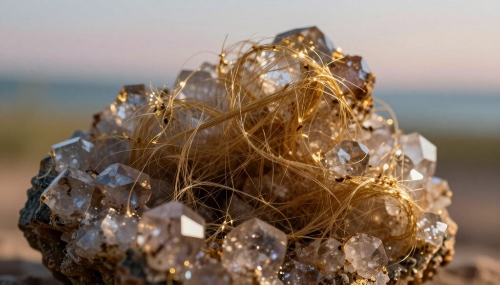 A close-up view of a quartz fibrous structure, showcasing its intricate and delicate filaments that resemble strands of golden silk and shimmering light. In the foreground, the quartz fibers glisten, reflecting light with a captivating sheen. The middle ground features a blend of rich earthy tones, highlighting the translucence and unique patterns within the quartz. The background presents a soft, blurred landscape with gentle gradients of pastel colors, evoking a serene and calming atmosphere. The lighting is soft yet dramatic, casting subtle shadows that accentuate the texture of the quartz. The angle should be slightly tilted to provide depth, while maintaining focus on the stunning details of the quartz fibers. The overall mood is enchanting and mystical, inviting viewers into the world of crystal energy. A close-up view of a quartz fibrous structure, showcasing its intricate and delicate filaments that resemble strands of golden silk and shimmering light. In the foreground, the quartz fibers glisten, reflecting light with a captivating sheen. The middle ground features a blend of rich earthy tones, highlighting the translucence and unique patterns within the quartz. The background presents a soft, blurred landscape with gentle gradients of pastel colors, evoking a serene and calming atmosphere. The lighting is soft yet dramatic, casting subtle shadows that accentuate the texture of the quartz. The angle should be slightly tilted to provide depth, while maintaining focus on the stunning details of the quartz fibers. The overall mood is enchanting and mystical, inviting viewers into the world of crystal energy.