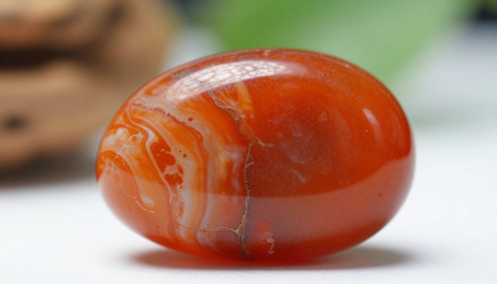 A close-up view of a raw carnelian stone, showcasing its deep, vibrant orange-red hues and glossy surface, surrounded by a softly glowing light that enhances its warmth and richness. The foreground features the texture of the stone—swirling patterns and gentle veins of lighter shades that contrast beautifully with the intense color. In the middle ground, hints of a blurred natural setting create an organic backdrop, with gentle greens and browns suggesting an earthy feel. The background remains softly focused, evoking a sense of calm and inspiration. The scene is illuminated with soft, diffused lighting, mimicking a high-end magazine advertisement. Capture the inviting, motivational aura of the carnelian, suitable for an audience seeking clarity and drive. A close-up view of a raw carnelian stone, showcasing its deep, vibrant orange-red hues and glossy surface, surrounded by a softly glowing light that enhances its warmth and richness. The foreground features the texture of the stone—swirling patterns and gentle veins of lighter shades that contrast beautifully with the intense color. In the middle ground, hints of a blurred natural setting create an organic backdrop, with gentle greens and browns suggesting an earthy feel. The background remains softly focused, evoking a sense of calm and inspiration. The scene is illuminated with soft, diffused lighting, mimicking a high-end magazine advertisement. Capture the inviting, motivational aura of the carnelian, suitable for an audience seeking clarity and drive.