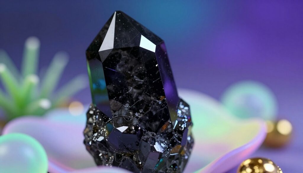 A close-up view of a stunning black tourmaline crystal, showcasing its jagged edges and deep, glossy black surface that reflects light in an intriguing way. The foreground features the crystal prominently, surrounded by soft, dreamy neon-colored elements like ethereal glow and abstract shapes, enhancing its protective symbolism. In the middle ground, slightly blurred, add subtle elements like delicate green plants or gold accents to symbolize prosperity and growth. The background is a smooth gradient of deep blues and purples, creating a serene yet empowering atmosphere. The lighting is soft yet dramatic, with highlights and shadows that emphasize the crystal's natural beauty. Overall, the image conveys a sense of strength, protection, and spiritual significance, aligning perfectly with the theme of wealth and well-being. A close-up view of a stunning black tourmaline crystal, showcasing its jagged edges and deep, glossy black surface that reflects light in an intriguing way. The foreground features the crystal prominently, surrounded by soft, dreamy neon-colored elements like ethereal glow and abstract shapes, enhancing its protective symbolism. In the middle ground, slightly blurred, add subtle elements like delicate green plants or gold accents to symbolize prosperity and growth. The background is a smooth gradient of deep blues and purples, creating a serene yet empowering atmosphere. The lighting is soft yet dramatic, with highlights and shadows that emphasize the crystal's natural beauty. Overall, the image conveys a sense of strength, protection, and spiritual significance, aligning perfectly with the theme of wealth and well-being.