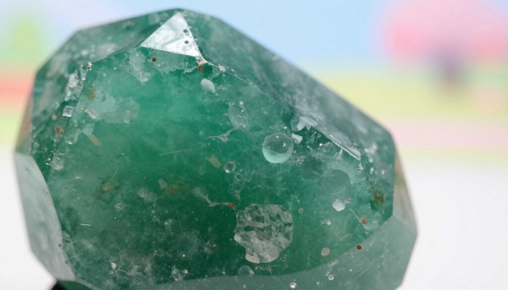 A close-up view of a stunning green aventurine quartz gemstone, showcasing intricate natural inclusions. The foreground highlights the gem’s rich green hues and translucent qualities, capturing the light in a vivid way. In the middle ground, subtle reflections and glimmers of light enhance the stone’s smooth surface, while the backdrop features a softly blurred, ethereal landscape of pastel colors, reminiscent of dreamcore aesthetics. Soft, diffused lighting accentuates the depth and texture of the gem, creating a serene and enchanting atmosphere. The composition should feel luxurious and captivating, appealing to a modern audience, with a high-end magazine advertisement style that resonates with adult Gen Z. A close-up view of a stunning green aventurine quartz gemstone, showcasing intricate natural inclusions. The foreground highlights the gem’s rich green hues and translucent qualities, capturing the light in a vivid way. In the middle ground, subtle reflections and glimmers of light enhance the stone’s smooth surface, while the backdrop features a softly blurred, ethereal landscape of pastel colors, reminiscent of dreamcore aesthetics. Soft, diffused lighting accentuates the depth and texture of the gem, creating a serene and enchanting atmosphere. The composition should feel luxurious and captivating, appealing to a modern audience, with a high-end magazine advertisement style that resonates with adult Gen Z.
