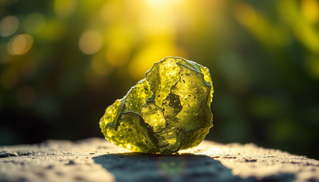 A close-up view of a translucent green Moldavite stone, intricately detailed to highlight its textures and unique formations. Surround the stone with a soft, ethereal glow, reflecting the idea of transformation and rebirth. In the background, incorporate a blurred landscape of lush greenery, symbolizing growth and renewal, illuminated by a warm, soft light that conveys a sense of serenity. The foreground should exhibit a subtle play of light, creating a dreamlike ambiance, reminiscent of a high-end magazine advertisement. Utilize a shallow depth of field to focus on the stone, while the bokeh elements add an artistic touch. The overall mood should be mystical and inviting, capturing the essence of Moldavite's potent symbolism. A close-up view of a translucent green Moldavite stone, intricately detailed to highlight its textures and unique formations. Surround the stone with a soft, ethereal glow, reflecting the idea of transformation and rebirth. In the background, incorporate a blurred landscape of lush greenery, symbolizing growth and renewal, illuminated by a warm, soft light that conveys a sense of serenity. The foreground should exhibit a subtle play of light, creating a dreamlike ambiance, reminiscent of a high-end magazine advertisement. Utilize a shallow depth of field to focus on the stone, while the bokeh elements add an artistic touch. The overall mood should be mystical and inviting, capturing the essence of Moldavite's potent symbolism.