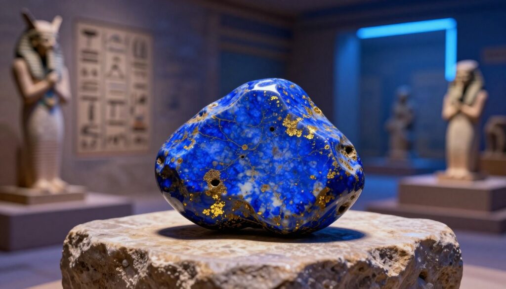 A close-up view of an ancient lapis lazuli gemstone, intricately veined with shimmering gold flecks, resting on a textured, weathered stone pedestal. The foreground features the gemstone illuminated by soft, ethereal lighting that highlights its deep blue hues and natural imperfections. In the middle, ancient artifacts, such as Egyptian hieroglyphs and carved sculptures, are subtly blended in for historical context, casting gentle shadows. The background showcases a dimly lit archaeological site with glowing neon blue lights, creating a dreamlike atmosphere reminiscent of the past while appealing to a modern aesthetic. The image captures an enchanting mood of mystery and symbolism, emphasizing the connection between the gemstone and its ancient heritage. A close-up view of an ancient lapis lazuli gemstone, intricately veined with shimmering gold flecks, resting on a textured, weathered stone pedestal. The foreground features the gemstone illuminated by soft, ethereal lighting that highlights its deep blue hues and natural imperfections. In the middle, ancient artifacts, such as Egyptian hieroglyphs and carved sculptures, are subtly blended in for historical context, casting gentle shadows. The background showcases a dimly lit archaeological site with glowing neon blue lights, creating a dreamlike atmosphere reminiscent of the past while appealing to a modern aesthetic. The image captures an enchanting mood of mystery and symbolism, emphasizing the connection between the gemstone and its ancient heritage.