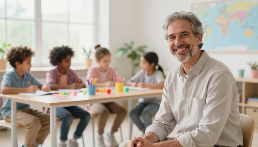 A compassionate master teacher with an inspiring presence, situated in a bright, airy classroom filled with colorful educational tools. In the foreground, a warm smile and gentle demeanor exude wisdom and kindness, with the teacher dressed in smart casual attire. The middle ground features engaged students of diverse backgrounds, actively participating in a collaborative learning environment. The background shows soft, natural light pouring through large windows, creating an inviting and serene atmosphere. The scene is captured at a slight angle that emphasizes connection and interaction, with a dreamy quality enhanced by pastel neon colors. The overall mood is uplifting, reflecting the life path number 33's traits of unconditional love and spiritual guidance. A compassionate master teacher with an inspiring presence, situated in a bright, airy classroom filled with colorful educational tools. In the foreground, a warm smile and gentle demeanor exude wisdom and kindness, with the teacher dressed in smart casual attire. The middle ground features engaged students of diverse backgrounds, actively participating in a collaborative learning environment. The background shows soft, natural light pouring through large windows, creating an inviting and serene atmosphere. The scene is captured at a slight angle that emphasizes connection and interaction, with a dreamy quality enhanced by pastel neon colors. The overall mood is uplifting, reflecting the life path number 33's traits of unconditional love and spiritual guidance.