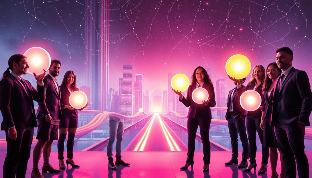 A conceptual representation of "core ideas behind focused goals," featuring a vibrant dreamcore aesthetic with neon colors. In the foreground, a diverse group of young adults in professional business attire stands confidently, each holding luminous, glowing orbs that symbolize their individual goals and intentions. The middle section showcases a futuristic cityscape with abstract structures representing pathways and opportunities, glowing pathways connecting the figures to the orbs. In the background, a night sky filled with stars twinkles, hinting at limitless potential. The scene is illuminated by soft, ethereal lighting, casting dynamic reflections and shadows. The mood conveys inspiration, ambition, and unity as they reach towards their dreams, evoking the power of intention and focused goals. A conceptual representation of "core ideas behind focused goals," featuring a vibrant dreamcore aesthetic with neon colors. In the foreground, a diverse group of young adults in professional business attire stands confidently, each holding luminous, glowing orbs that symbolize their individual goals and intentions. The middle section showcases a futuristic cityscape with abstract structures representing pathways and opportunities, glowing pathways connecting the figures to the orbs. In the background, a night sky filled with stars twinkles, hinting at limitless potential. The scene is illuminated by soft, ethereal lighting, casting dynamic reflections and shadows. The mood conveys inspiration, ambition, and unity as they reach towards their dreams, evoking the power of intention and focused goals.