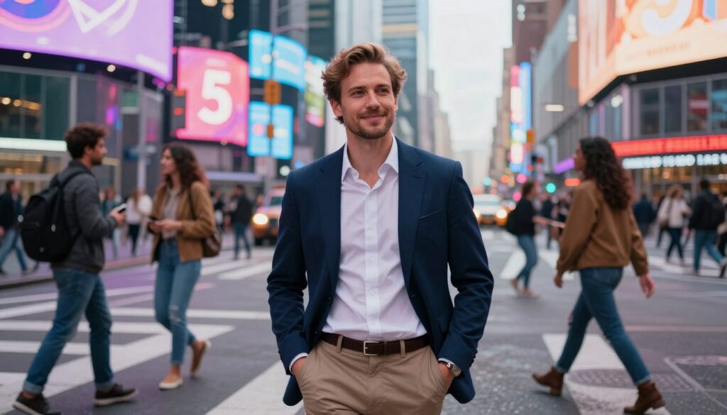 A confident Caucasian adult in trendy business attire stands at a bustling urban intersection, symbolizing the adaptable Life Path 5 personality. The foreground features the individual radiating energy and ambition, with a slight smile that suggests their extroverted nature. In the middle ground, diverse city-dwellers engage in dynamic activities, showcasing freedom and movement. The background includes vibrant neon buildings and billboards, representing modernity and opportunity. The scene is illuminated by soft neon lighting, with a focus on the subject using a shallow depth of field to blur the fast-paced background. The overall atmosphere conveys a sense of freedom, adventure, and entrepreneurial spirit, encapsulating the essence of Life Path 5 in vivid, dreamlike colors. A confident Caucasian adult in trendy business attire stands at a bustling urban intersection, symbolizing the adaptable Life Path 5 personality. The foreground features the individual radiating energy and ambition, with a slight smile that suggests their extroverted nature. In the middle ground, diverse city-dwellers engage in dynamic activities, showcasing freedom and movement. The background includes vibrant neon buildings and billboards, representing modernity and opportunity. The scene is illuminated by soft neon lighting, with a focus on the subject using a shallow depth of field to blur the fast-paced background. The overall atmosphere conveys a sense of freedom, adventure, and entrepreneurial spirit, encapsulating the essence of Life Path 5 in vivid, dreamlike colors.