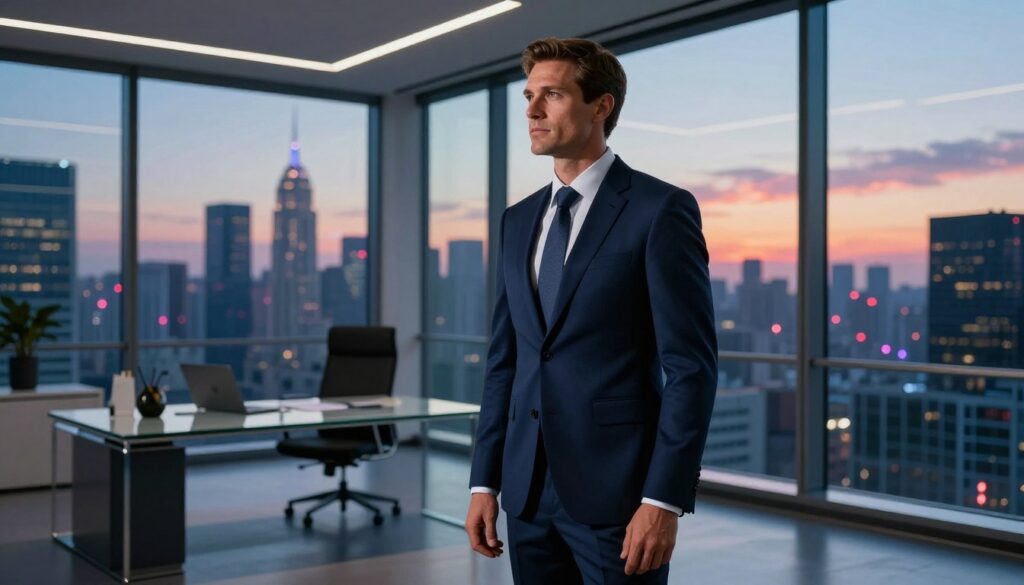 A confident Caucasian male CEO stands in the foreground, dressed in a sharp, tailored navy suit, exuding an air of ambition and success. He gazes thoughtfully out of a high-rise office window, overlooking a vibrant city skyline bathed in neon colors during twilight. In the middle ground, a sleek, modern office workspace features minimalist design elements, a glass desk, and artistic decor, embodying the essence of high-end luxury. The background showcases a dazzling sunset illuminating the city, creating a dynamic contrast with the cool tones inside the office. Subtle lighting highlights the CEO’s features, casting a motivational shadow that adds depth to the scene. The atmosphere is one of empowerment and visionary potential, embodying the essence of a millionaire CEO in today's business world. A confident Caucasian male CEO stands in the foreground, dressed in a sharp, tailored navy suit, exuding an air of ambition and success. He gazes thoughtfully out of a high-rise office window, overlooking a vibrant city skyline bathed in neon colors during twilight. In the middle ground, a sleek, modern office workspace features minimalist design elements, a glass desk, and artistic decor, embodying the essence of high-end luxury. The background showcases a dazzling sunset illuminating the city, creating a dynamic contrast with the cool tones inside the office. Subtle lighting highlights the CEO’s features, casting a motivational shadow that adds depth to the scene. The atmosphere is one of empowerment and visionary potential, embodying the essence of a millionaire CEO in today's business world.