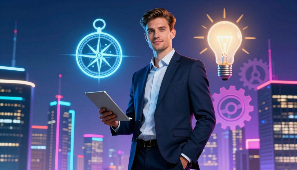 A confident, visionary business leader stands at the forefront, exuding charisma and determination. Dressed in sharp, professional attire, the leader, a Caucasian individual in their 30s with short, styled hair, holds a tablet in one hand, symbolizing innovation and strategy. In the background, a dazzling cityscape with skyscrapers glows in vibrant neon colors, representing ambition and success. Surrounding the leader are abstract representations of leadership traits: a glowing compass for guidance, interconnected gears for teamwork, and a bright light bulb for creativity. The scene is illuminated by dynamic lighting, casting inspiring shadows that enhance the futuristic ambiance. The angle is slightly low, emphasizing the leader's stature, creating an atmosphere of empowerment and aspiration in a high-end magazine advertisement style. A confident, visionary business leader stands at the forefront, exuding charisma and determination. Dressed in sharp, professional attire, the leader, a Caucasian individual in their 30s with short, styled hair, holds a tablet in one hand, symbolizing innovation and strategy. In the background, a dazzling cityscape with skyscrapers glows in vibrant neon colors, representing ambition and success. Surrounding the leader are abstract representations of leadership traits: a glowing compass for guidance, interconnected gears for teamwork, and a bright light bulb for creativity. The scene is illuminated by dynamic lighting, casting inspiring shadows that enhance the futuristic ambiance. The angle is slightly low, emphasizing the leader's stature, creating an atmosphere of empowerment and aspiration in a high-end magazine advertisement style.