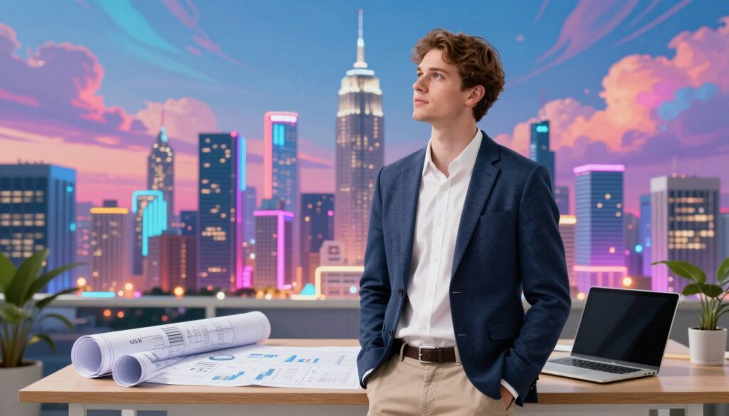 A confident, young Caucasian professional in smart casual attire stands in the foreground, gazing thoughtfully at a dazzling city skyline filled with neon lights and modern architecture, symbolizing wealth potential. The middle ground showcases a well-organized workspace featuring blueprints, financial documents, and a laptop, representing planning and strategy. The background is a vibrant, dreamlike landscape with swirling colors and abstract shapes, evoking a sense of optimism and opportunity. The lighting is bright and dynamic, with a soft focus on the foreground to emphasize the subject’s inspiration. Capture this in a high-end magazine advertisement style, creating a mood that is both motivational and forward-thinking, appealing to adult Gen Z viewers.