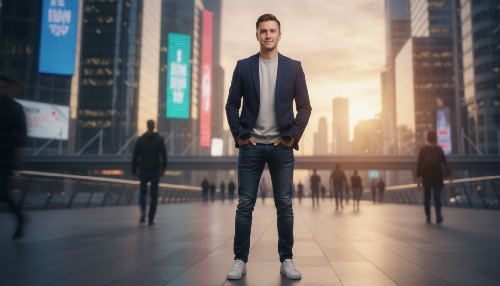 A confident young Caucasian professional in smart casual attire stands in the foreground, embodying a future self with an air of authority and purpose. Their posture is open and relaxed, a slight smile on their face, exuding a genuine sense of self-assuredness. In the middle ground, a dynamic urban setting is visible, with sleek buildings reflecting vibrant neon colors that create a dreamlike atmosphere. The lighting is bright yet soft, illuminating the scene with a warm glow that enhances the mood of optimism and possibility. In the background, a hint of a bustling cityscape, featuring blurred figures representing the energy of success and ambition. The composition captures the essence of "faking it till you make it" through an inspiring, professional lens, geared towards adult Gen Z. A confident young Caucasian professional in smart casual attire stands in the foreground, embodying a future self with an air of authority and purpose. Their posture is open and relaxed, a slight smile on their face, exuding a genuine sense of self-assuredness. In the middle ground, a dynamic urban setting is visible, with sleek buildings reflecting vibrant neon colors that create a dreamlike atmosphere. The lighting is bright yet soft, illuminating the scene with a warm glow that enhances the mood of optimism and possibility. In the background, a hint of a bustling cityscape, featuring blurred figures representing the energy of success and ambition. The composition captures the essence of "faking it till you make it" through an inspiring, professional lens, geared towards adult Gen Z.
