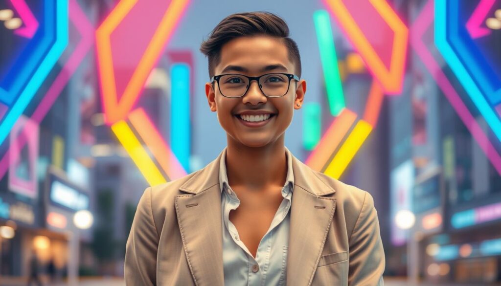 A confident young adult with Gen Z style, standing in a modern urban setting, dressed in a stylish yet comfortable outfit that blends professionalism with casual flair. The foreground features a soft-focus portrait, capturing the person's radiant smile and bright eyes filled with self-love and determination. In the middle, colorful neon lights form abstract shapes and vibrant hues, creating a sense of enthusiasm and energy around the subject. The background showcases a bustling cityscape, symbolizing opportunities and growth. The image is lit with warm, dynamic lighting that highlights their features while casting a gentle glow on the surroundings. The overall mood is uplifting and inspiring, reflecting the empowerment of self-love and confidence.