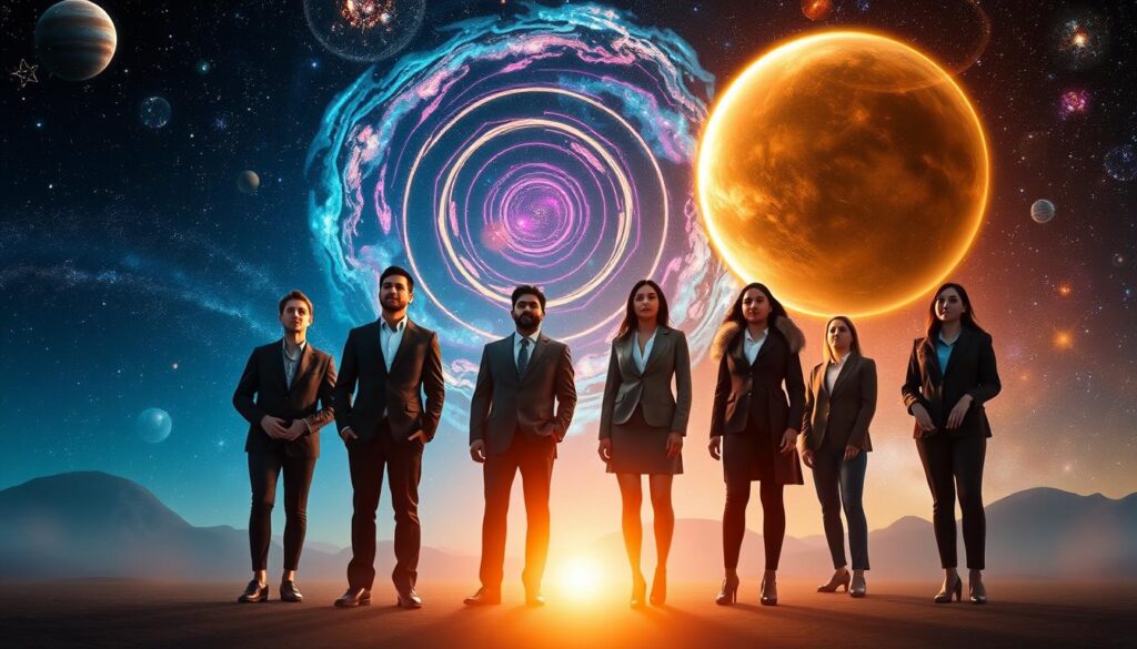 A cosmic landscape featuring vivid dreamcore aesthetics, showcasing recognized starseed origins and spiritual lineages. In the foreground, a diverse group of individuals dressed in professional business attire stand with serene expressions, embodying different starseed archetypes. Each person radiates unique energy colors corresponding to their origin, such as indigo, turquoise, and gold. In the middle ground, swirling patterns of nebulae and star clusters intertwine, softly glowing in neon hues, representing the connections to various spiritual lineages. The background reveals a vast starry sky filled with luminous planets and ethereal light, enhancing the otherworldly atmosphere. Soft, ambient lighting provides a mystical illumination, while a gentle lens flare adds an air of magic and wonder. Capture this scene from a slight lower angle to emphasize the individuals and the grandeur of the cosmic setting.