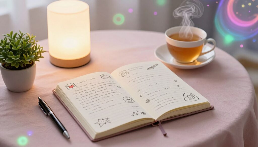 A cozy and aesthetically pleasing dream journal setup, featuring an open journal with beautifully handwritten notes and whimsical doodles, placed on a soft pastel fabric. In the foreground, a sleek pen and a small potted plant add charm. The middle layer showcases a softly glowing lamp casting warm light, alongside a steaming cup of herbal tea. The background is adorned with ethereal, dreamlike patterns in neon colors, suggesting the concept of rich subconscious exploration. The atmosphere is tranquil and inspiring, designed to appeal to adult Gen Z dreamers. The composition is shot from a top-down angle to capture all elements harmoniously, simulating the feel of a high-end magazine advertisement. Soft, diffused lighting enhances the serene environment.