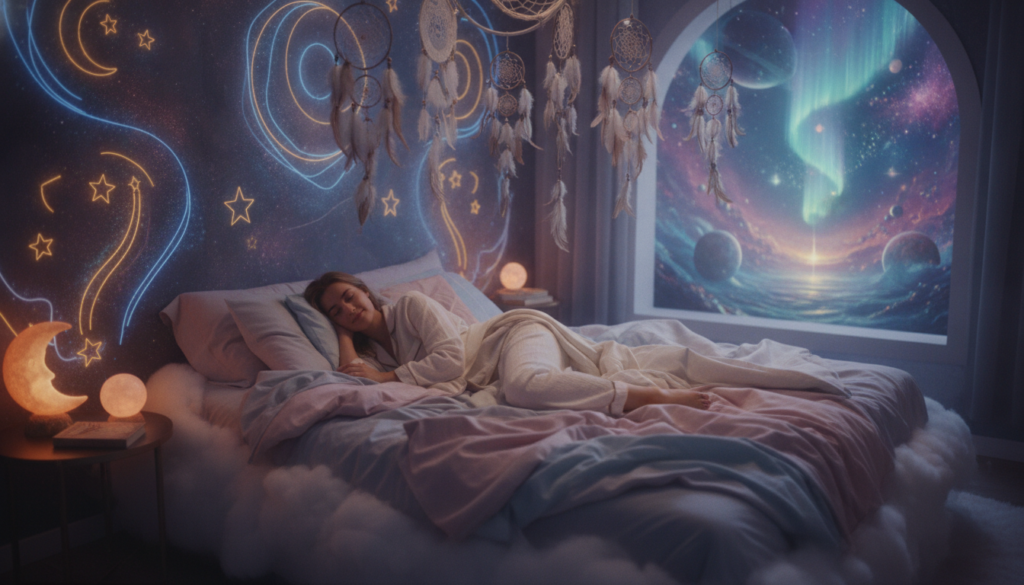A cozy bedroom scene designed for falling asleep in a desired reality, featuring a plush, oversized bed with soft, pastel linens and an array of dreamcatchers hanging from the ceiling. In the foreground, a young Caucasian woman in comfortable, modest pajamas rests peacefully, her eyes gently closed, a serene expression on her face. The middle ground includes a softly glowing nightstand adorned with a delicate lamp that casts warm, inviting light, illuminating the room's whimsical decor, including neon dreamcore art on the walls. The background reveals a window looking out to a fantastical landscape of swirling colors and light, creating a dreamlike atmosphere. The overall mood is soothing and ethereal, perfect for the transition to a dream state, captured with a soft focus and a slightly elevated angle to enhance the sense of tranquility and escapism.