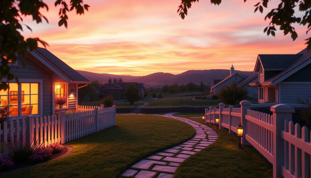 A cozy dream home visualization set in a serene suburban neighborhood during the golden hour. In the foreground, a charming, modern cottage with a white picket fence and colorful flower beds invites you in, featuring large windows glowing warmly. In the middle ground, a well-manicured lawn leads to a stone walkway. The background showcases softly rolling hills under a vibrant sunset sky filled with shades of pink and orange. Warm, inviting lighting bathes the scene, creating a tranquil atmosphere that embodies comfort and peace. Incorporate neon colors subtly in the lanterns lining the pathway, adding a touch of modern elegance. The angle should be slightly elevated, as if viewed from a nearby tree, capturing the overall essence of a simple yet ideal living space, promoting a sense of unity and fulfillment. A cozy dream home visualization set in a serene suburban neighborhood during the golden hour. In the foreground, a charming, modern cottage with a white picket fence and colorful flower beds invites you in, featuring large windows glowing warmly. In the middle ground, a well-manicured lawn leads to a stone walkway. The background showcases softly rolling hills under a vibrant sunset sky filled with shades of pink and orange. Warm, inviting lighting bathes the scene, creating a tranquil atmosphere that embodies comfort and peace. Incorporate neon colors subtly in the lanterns lining the pathway, adding a touch of modern elegance. The angle should be slightly elevated, as if viewed from a nearby tree, capturing the overall essence of a simple yet ideal living space, promoting a sense of unity and fulfillment.