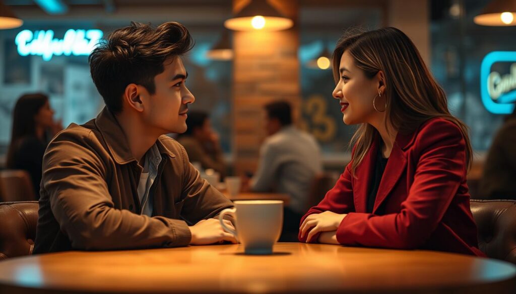 A cozy, intimate setting where two adult Gen Z partners share a moment of connection, deeply engaged in conversation. In the foreground, a young man in a smart casual outfit and a young woman in a stylish, professional clothing sit closely across from each other at a cafe table, their eyes locked in a gaze that conveys deep attention and understanding. Soft, warm neon colors subtly illuminate the scene, creating a dreamlike quality. In the middle, a vintage-style coffee cup sits between them, suggesting a relaxed atmosphere. In the background, blurred silhouettes of other patrons add depth, enhancing the focus on the couple. The lighting is soft and warm, reminiscent of the golden hour, creating a vibe of intimacy and warmth. The overall mood is romantic yet casual, capturing the essence of full attention and connection. A cozy, intimate setting where two adult Gen Z partners share a moment of connection, deeply engaged in conversation. In the foreground, a young man in a smart casual outfit and a young woman in a stylish, professional clothing sit closely across from each other at a cafe table, their eyes locked in a gaze that conveys deep attention and understanding. Soft, warm neon colors subtly illuminate the scene, creating a dreamlike quality. In the middle, a vintage-style coffee cup sits between them, suggesting a relaxed atmosphere. In the background, blurred silhouettes of other patrons add depth, enhancing the focus on the couple. The lighting is soft and warm, reminiscent of the golden hour, creating a vibe of intimacy and warmth. The overall mood is romantic yet casual, capturing the essence of full attention and connection.