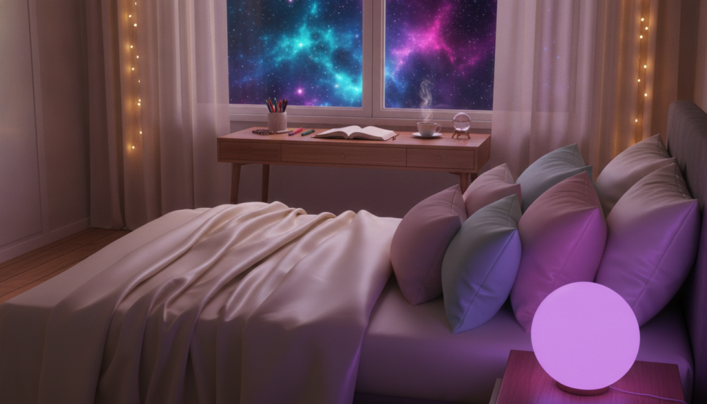 A cozy nighttime scene depicting a serene bedroom setup for shifting journey preparation. In the foreground, a plush bed with silky sheets and a meditative arrangement of pillows in pastel colors. A softly glowing lavender nightlight casts a gentle ambiance across the room. In the middle, a stylish desk is adorned with a journal, colorful pens, and a steaming cup of herbal tea, inviting a sense of calm and focus. The background features a window with curtains slightly drawn, revealing a starry sky bathed in dreamy neon hues, infusing the space with a magical atmosphere. The lighting is warm and inviting, capturing a blend of relaxation and anticipation for an extraordinary journey. The overall mood is tranquil, inspiring a sense of adventure into the unknown. A cozy nighttime scene depicting a serene bedroom setup for shifting journey preparation. In the foreground, a plush bed with silky sheets and a meditative arrangement of pillows in pastel colors. A softly glowing lavender nightlight casts a gentle ambiance across the room. In the middle, a stylish desk is adorned with a journal, colorful pens, and a steaming cup of herbal tea, inviting a sense of calm and focus. The background features a window with curtains slightly drawn, revealing a starry sky bathed in dreamy neon hues, infusing the space with a magical atmosphere. The lighting is warm and inviting, capturing a blend of relaxation and anticipation for an extraordinary journey. The overall mood is tranquil, inspiring a sense of adventure into the unknown.