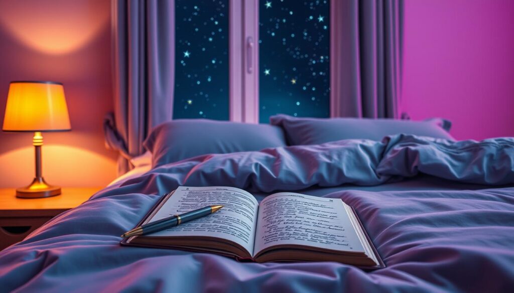 A cozy nighttime setting depicts a plush bed with soft, fluffy bedding in calming shades of blue and lavender, inviting relaxation. In the foreground, a stylish wooden nightstand holds an open journal filled with handwritten notes, a smooth pen resting beside it. A warm bedside lamp casts a gentle glow, illuminating the page and creating a tranquil atmosphere. The middle ground features a serene window with neatly drawn curtains, revealing a starry night sky dotted with twinkling stars, enhancing the dreamlike quality. Subtle neon accents in dreamcore style suggest a modern, high-end aesthetic, appealing to adult Gen Z. The overall mood is peaceful and reflective, encouraging a sense of contemplation and intention-making before sleep. A cozy nighttime setting depicts a plush bed with soft, fluffy bedding in calming shades of blue and lavender, inviting relaxation. In the foreground, a stylish wooden nightstand holds an open journal filled with handwritten notes, a smooth pen resting beside it. A warm bedside lamp casts a gentle glow, illuminating the page and creating a tranquil atmosphere. The middle ground features a serene window with neatly drawn curtains, revealing a starry night sky dotted with twinkling stars, enhancing the dreamlike quality. Subtle neon accents in dreamcore style suggest a modern, high-end aesthetic, appealing to adult Gen Z. The overall mood is peaceful and reflective, encouraging a sense of contemplation and intention-making before sleep.
