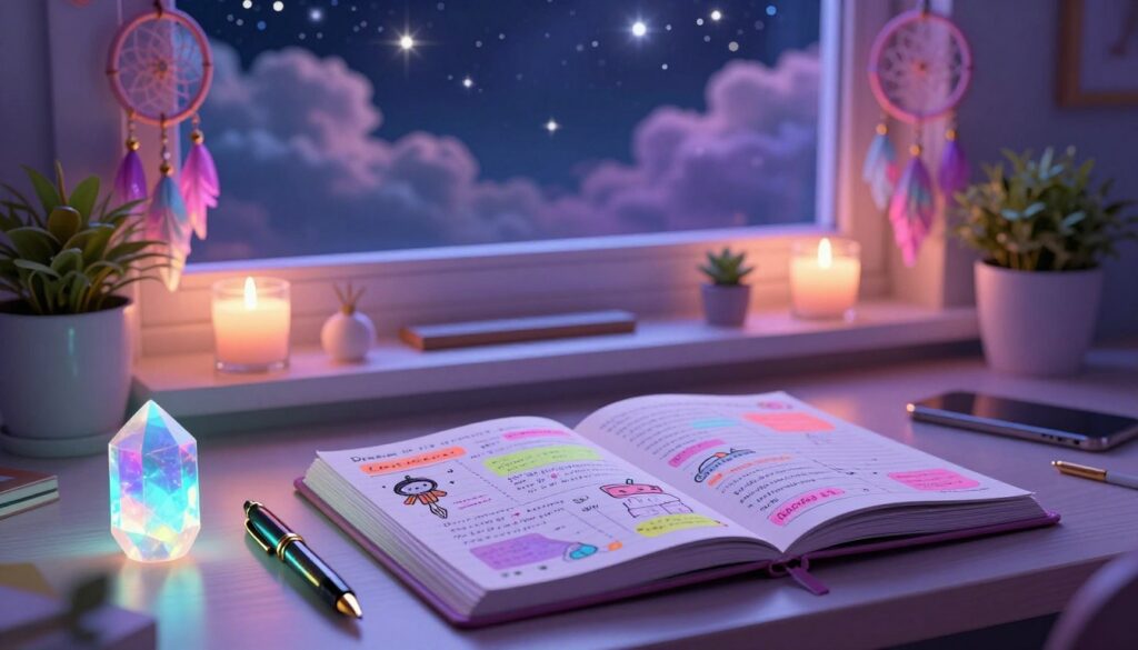 A cozy, stylish workspace designed for dream journaling, featuring an open dream journal with colorful pages filled with handwritten notes and sketches. In the foreground, a vintage fountain pen rests beside a glowing neon crystal, symbolizing creativity and subconscious exploration. The middle layer includes a softly lit desk adorned with dream-related items like calming candles, ethereal dreamcatchers, and a small potted plant, all in vibrant neon colors. In the background, a window reveals a dreamy cloudy night sky with twinkling stars, casting a gentle blue and purple light that enhances the dreamlike atmosphere. The overall mood should feel inspirational and serene, encouraging reflection and creativity, with soft focus effects reminiscent of high-end magazine aesthetics.