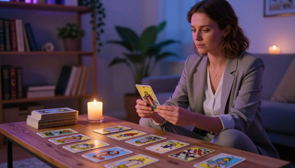A cozy tarot reading scene set in an elegantly decorated room, filled with soft, ambient neon lighting that creates a dreamlike atmosphere. In the foreground, a wooden table is adorned with beautifully illustrated tarot cards spread out, displaying imagery related to wealth and prosperity. A calm, Caucasian woman dressed in modest business attire sits cross-legged, intently examining a card. Her expression reflects curiosity and contemplation. In the middle ground, a flickering candle casts warm shadows, adding to the mystical vibe. The background features shelves lined with mythology books and plants, enhancing the serene and introspective mood. The overall composition conveys a sense of financial reflection through the lens of tarot, ideal for inspiring adult Gen Z readers. A cozy tarot reading scene set in an elegantly decorated room, filled with soft, ambient neon lighting that creates a dreamlike atmosphere. In the foreground, a wooden table is adorned with beautifully illustrated tarot cards spread out, displaying imagery related to wealth and prosperity. A calm, Caucasian woman dressed in modest business attire sits cross-legged, intently examining a card. Her expression reflects curiosity and contemplation. In the middle ground, a flickering candle casts warm shadows, adding to the mystical vibe. The background features shelves lined with mythology books and plants, enhancing the serene and introspective mood. The overall composition conveys a sense of financial reflection through the lens of tarot, ideal for inspiring adult Gen Z readers.