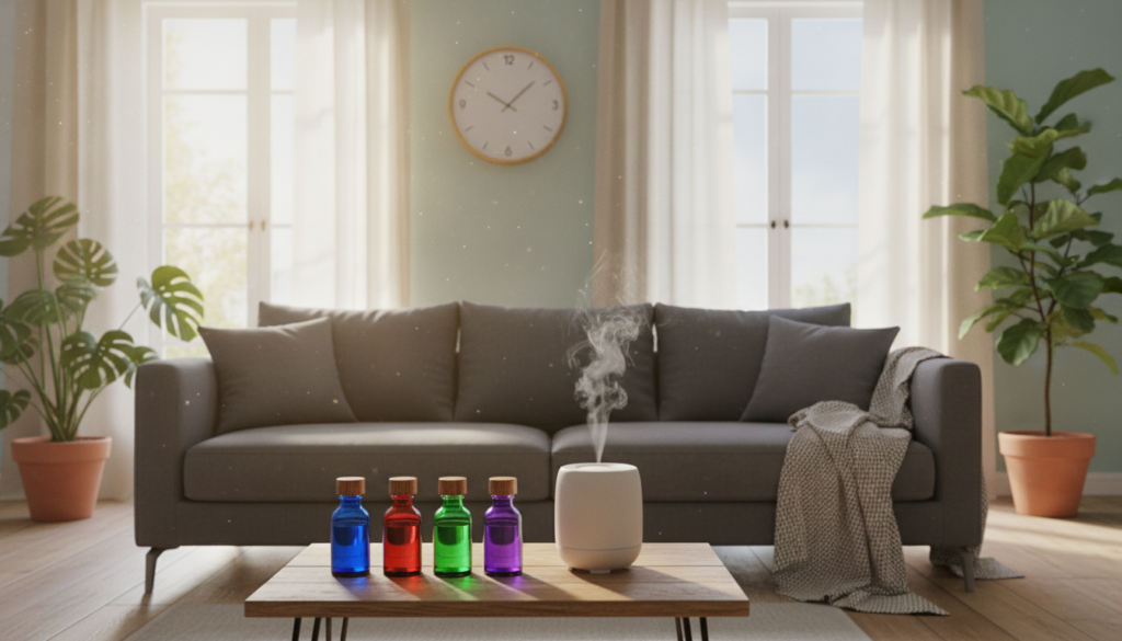 A cozy, well-lit room filled with sunlight streaming through open windows, creating a warm, inviting atmosphere. In the foreground, a small wooden table displays an assortment of colorful essential oil bottles, elegantly arranged beside a diffuser releasing a gentle mist of aromatic steam. Lush green houseplants occupy the corners, adding life and freshness to the space. In the middle, a comfy grey sofa with plush cushions invites relaxation, while a large wall clock with a minimalist design enhances the modern aesthetic. In the background, soft curtains flutter in the breeze, and the walls are painted in soothing pastel hues. The overall mood is serene and revitalizing, evoking a sense of clarity and tranquility as fresh air and delightful scents flow freely. A cozy, well-lit room filled with sunlight streaming through open windows, creating a warm, inviting atmosphere. In the foreground, a small wooden table displays an assortment of colorful essential oil bottles, elegantly arranged beside a diffuser releasing a gentle mist of aromatic steam. Lush green houseplants occupy the corners, adding life and freshness to the space. In the middle, a comfy grey sofa with plush cushions invites relaxation, while a large wall clock with a minimalist design enhances the modern aesthetic. In the background, soft curtains flutter in the breeze, and the walls are painted in soothing pastel hues. The overall mood is serene and revitalizing, evoking a sense of clarity and tranquility as fresh air and delightful scents flow freely.