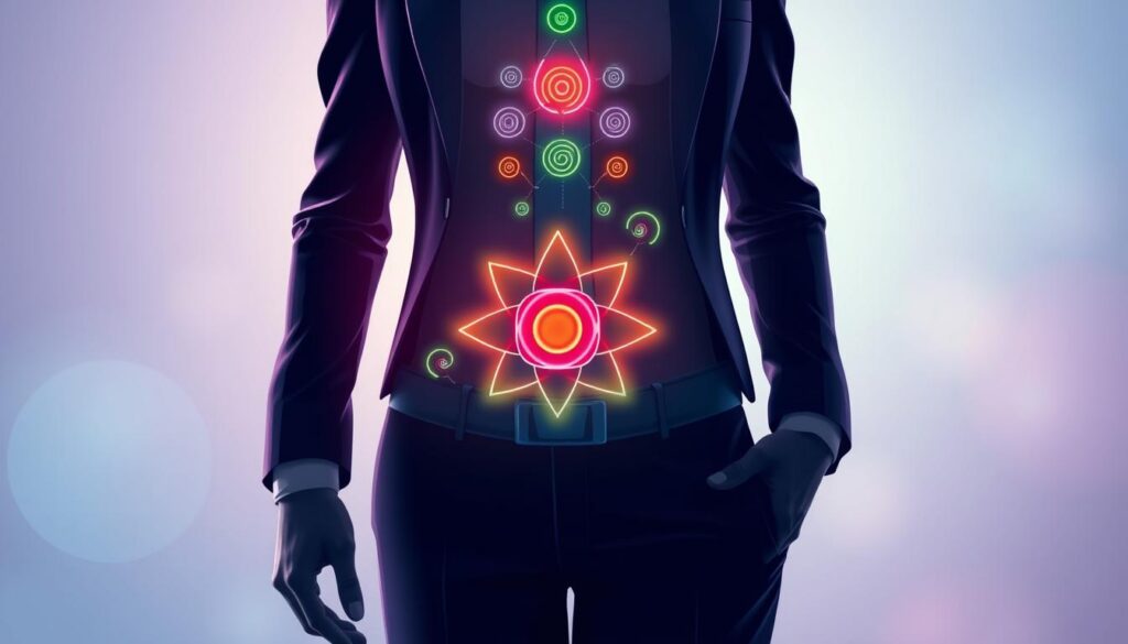 A detailed and alluring illustration of the sacral chakra's location within the body, positioned just below the navel. In the foreground, a stylized, semi-transparent human silhouette dressed in professional business attire, highlighting the lower abdomen where the chakra is situated. The middle section features vibrant neon colors radiating from the chakra point, with playful swirls and geometric patterns echoing the energy flow. The background is a soft, ethereal gradient of pastel blues and purples, creating a serene, yet energetic atmosphere. The lighting is dramatic, casting soft glows on the chakra point, enhancing its mystical allure. The entire composition should feel modern and captivating, targeting an audience of adult Gen Z, invoking curiosity and a sense of wonder about the sacral chakra. A detailed and alluring illustration of the sacral chakra's location within the body, positioned just below the navel. In the foreground, a stylized, semi-transparent human silhouette dressed in professional business attire, highlighting the lower abdomen where the chakra is situated. The middle section features vibrant neon colors radiating from the chakra point, with playful swirls and geometric patterns echoing the energy flow. The background is a soft, ethereal gradient of pastel blues and purples, creating a serene, yet energetic atmosphere. The lighting is dramatic, casting soft glows on the chakra point, enhancing its mystical allure. The entire composition should feel modern and captivating, targeting an audience of adult Gen Z, invoking curiosity and a sense of wonder about the sacral chakra.