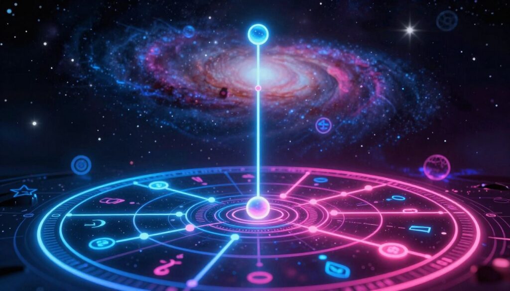 A detailed illustration of a birth chart featuring the lunar nodes, designed with a dreamcore aesthetic. In the foreground, the birth chart is intricately laid out, showcasing vibrant neon colors such as electric blue and radiant pink, emphasizing the North Node and South Node positions. The middle ground includes celestial symbols and astrological glyphs, glowing softly against a dark, cosmic backdrop, filled with subtly twinkling stars. In the background, a stylized galaxy swirls, enhancing the mystical atmosphere. The lighting is ethereal, with soft highlights and shadows to create depth. Capture a sense of wonder and exploration as if guiding the viewer on a journey to self-discovery and happiness, with a modern high-end magazine advertisement feel. A detailed illustration of a birth chart featuring the lunar nodes, designed with a dreamcore aesthetic. In the foreground, the birth chart is intricately laid out, showcasing vibrant neon colors such as electric blue and radiant pink, emphasizing the North Node and South Node positions. The middle ground includes celestial symbols and astrological glyphs, glowing softly against a dark, cosmic backdrop, filled with subtly twinkling stars. In the background, a stylized galaxy swirls, enhancing the mystical atmosphere. The lighting is ethereal, with soft highlights and shadows to create depth. Capture a sense of wonder and exploration as if guiding the viewer on a journey to self-discovery and happiness, with a modern high-end magazine advertisement feel.