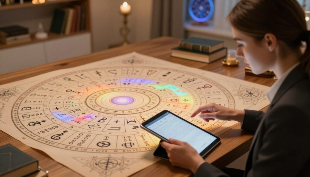 A detailed numerology chart calculation scene, featuring a large, intricate numerology chart displayed on a wooden table. The chart is filled with intricate symbols and numbers that evoke a sense of mysticism. In the foreground, a young adult Caucasian woman dressed in professional attire is analyzing the chart, using a sleek digital tablet in her hand. She is focused, deep in thought. The middle ground showcases the chart with soft neon colors subtly glowing, igniting interest and intrigue. The background features an elegant, softly lit room with shelves of books on numerology and celestial themes. The overall atmosphere is one of enlightenment and discovery, enhanced by warm, inviting lighting that creates a calm yet captivating mood. Use a soft focus with a slight blurred depth of field to emphasize the foreground subject. A detailed numerology chart calculation scene, featuring a large, intricate numerology chart displayed on a wooden table. The chart is filled with intricate symbols and numbers that evoke a sense of mysticism. In the foreground, a young adult Caucasian woman dressed in professional attire is analyzing the chart, using a sleek digital tablet in her hand. She is focused, deep in thought. The middle ground showcases the chart with soft neon colors subtly glowing, igniting interest and intrigue. The background features an elegant, softly lit room with shelves of books on numerology and celestial themes. The overall atmosphere is one of enlightenment and discovery, enhanced by warm, inviting lighting that creates a calm yet captivating mood. Use a soft focus with a slight blurred depth of field to emphasize the foreground subject.