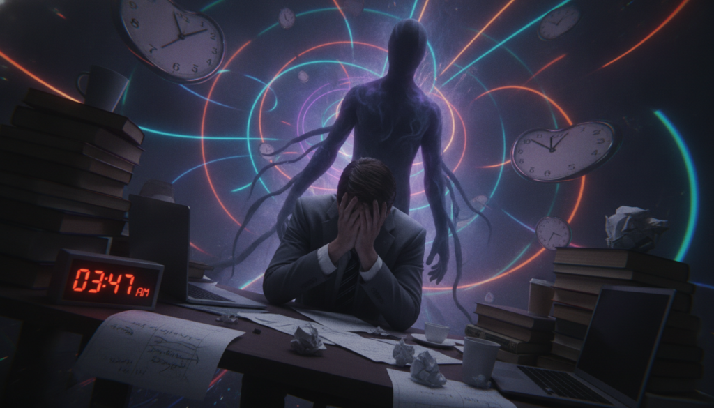 A dimly lit room features a disheveled desk overflowing with unfinished tasks, a digital clock displaying the late hour, and crumpled notes symbolizing procrastination. In the foreground, a young adult in professional business attire sits with their head in their hands, visibly overwhelmed, evoking fear and anxiety. The middle ground shows a shadowy figure looming over them, representing the weight of procrastination, with a soft glow around it to emphasize the looming dread. The background fades into a surreal dreamcore landscape of warped clocks and swirling neon colors, conveying disconnection from time and action. The mood is tense yet surreal, illuminated by soft neon lights to create a stark contrast between fear and creativity. The angle is slightly tilted, enhancing a sense of chaos. A dimly lit room features a disheveled desk overflowing with unfinished tasks, a digital clock displaying the late hour, and crumpled notes symbolizing procrastination. In the foreground, a young adult in professional business attire sits with their head in their hands, visibly overwhelmed, evoking fear and anxiety. The middle ground shows a shadowy figure looming over them, representing the weight of procrastination, with a soft glow around it to emphasize the looming dread. The background fades into a surreal dreamcore landscape of warped clocks and swirling neon colors, conveying disconnection from time and action. The mood is tense yet surreal, illuminated by soft neon lights to create a stark contrast between fear and creativity. The angle is slightly tilted, enhancing a sense of chaos.
