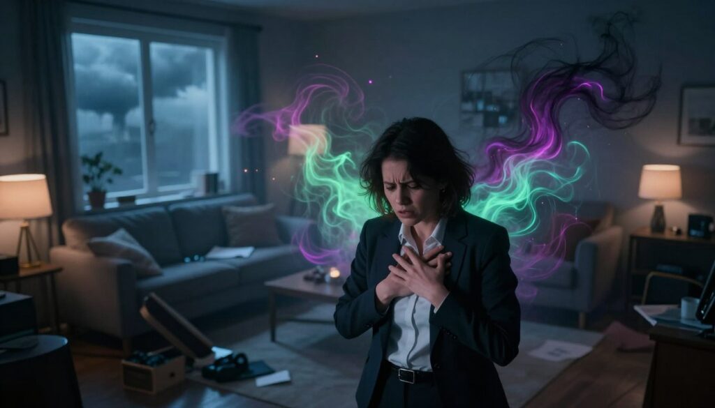 A dimly lit room filled with a swirling, ethereal mist of negative energy represented by dark, shadowy wisps and glowing neon colors. In the foreground, a person in professional attire stands with a concerned expression, their hands raised towards their chest, as if feeling the weight of the negativity in their body. The middle ground features a cluttered living space, with scattered items symbolizing chaos — overturned furniture and dimmed lights. In the background, a window reveals a stormy sky, enhancing the atmosphere of tension and discomfort. Soft lighting creates a moody ambiance, while a high-angle shot captures the overwhelming nature of negative energy in this environment, evoking feelings of unease and urgency. A dimly lit room filled with a swirling, ethereal mist of negative energy represented by dark, shadowy wisps and glowing neon colors. In the foreground, a person in professional attire stands with a concerned expression, their hands raised towards their chest, as if feeling the weight of the negativity in their body. The middle ground features a cluttered living space, with scattered items symbolizing chaos — overturned furniture and dimmed lights. In the background, a window reveals a stormy sky, enhancing the atmosphere of tension and discomfort. Soft lighting creates a moody ambiance, while a high-angle shot captures the overwhelming nature of negative energy in this environment, evoking feelings of unease and urgency.