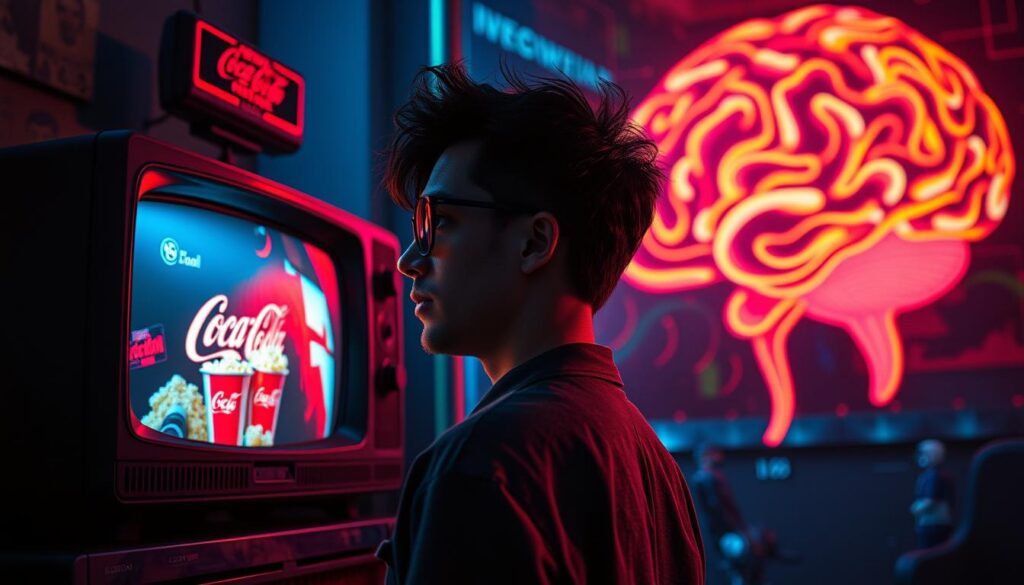 A dramatic scene showcasing the essence of subliminal messaging inspired by James Vicary. In the foreground, a stylishly dressed adult Gen Z individual gazes pensively at a vintage television displaying flickering images of Coca-Cola and popcorn, hinting at subliminal content. The middle layer features a retro cinema filled with a mix of neon lights and dreamcore aesthetics, with colorful reflections dancing on the walls. In the background, an abstract representation of a brain filled with vibrant, swirling patterns symbolizes the reprogramming effect of subliminal messaging. The lighting is a moody blend of deep blues and bright neon hues, creating a captivating atmosphere that evokes curiosity and intrigue. The angle captures the scene from a slightly elevated perspective, immersing the viewer in this thought-provoking moment. A dramatic scene showcasing the essence of subliminal messaging inspired by James Vicary. In the foreground, a stylishly dressed adult Gen Z individual gazes pensively at a vintage television displaying flickering images of Coca-Cola and popcorn, hinting at subliminal content. The middle layer features a retro cinema filled with a mix of neon lights and dreamcore aesthetics, with colorful reflections dancing on the walls. In the background, an abstract representation of a brain filled with vibrant, swirling patterns symbolizes the reprogramming effect of subliminal messaging. The lighting is a moody blend of deep blues and bright neon hues, creating a captivating atmosphere that evokes curiosity and intrigue. The angle captures the scene from a slightly elevated perspective, immersing the viewer in this thought-provoking moment.