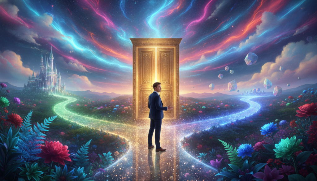 A dream-like scene depicting a young Caucasian man in professional attire, standing at a crossroads under a neon-colored sky, symbolizing the path to his desires. In the foreground, a glowing path made of shimmering light leads to a golden door, representing goals and aspirations. The middle ground features lush greenery and vibrant flowers, symbolizing growth and potential. In the background, abstract shapes and ethereal clouds echo the concept of limitless possibilities. The lighting is soft yet luminous, casting a magical glow over the landscape, while a low angle captures the grandeur of the scene, evoking a sense of hope and ambition. The overall mood is inspiring and reflective, encouraging viewers to define the desires that drive their goals.