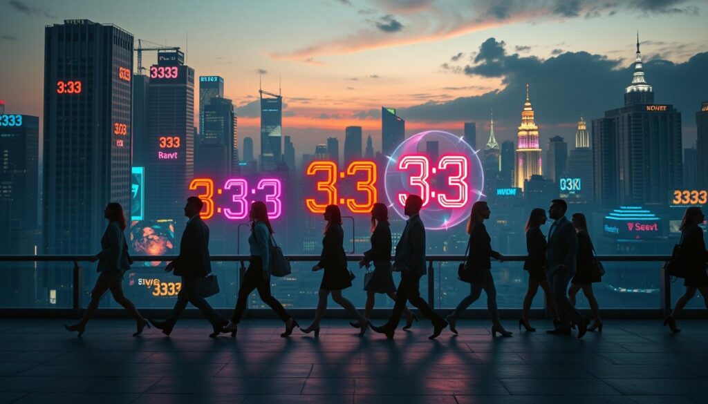 A dreamlike cityscape at twilight, showcasing the concept of a repeating sequence in daily life. In the foreground, a diverse group of individuals dressed in professional business attire is seen walking in synchronized motion, their steps echoing the essence of the number 333. The middle ground reveals vibrant neon signs flashing "3:33" in various artistic styles, surrounded by ethereal wisps of light that symbolize the guiding presence of ascended masters. In the background, a surreal skyline glows with bright colors, blending elements of futuristic architecture and natural motifs, creating an atmosphere of harmony and enlightenment. Soft, ambient lighting enhances the dreamcore aesthetic, casting subtle shadows that evoke a sense of serenity and introspection. The image captures a surreal blend of daily life and spiritual guidance, emphasizing connection, guidance, and the transformative power of recurring numbers.