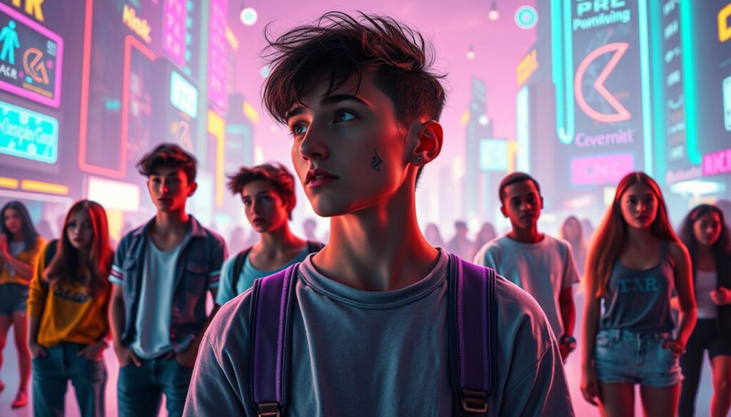 A dreamlike scene depicting a diverse group of young adults in modest casual clothing, standing apart in a vibrant urban landscape filled with surreal neon colors that evoke a sense of alienation. In the foreground, a person with strikingly unique features, such as unusual eye colors or ethereal tattoos, gazes thoughtfully at a futuristic cityscape, embodying the feeling of being out of place. In the middle ground, other individuals exhibit subtle signs of discomfort or contemplation, surrounded by abstract, otherworldly elements like floating lights and geometric shapes. The background showcases a blend of urban architecture and cosmic patterns, illuminated by electric hues. The overall mood is introspective and slightly whimsical, suggesting the complexity of feeling different amongst ordinary surroundings. The lighting is soft yet vibrant, reminiscent of a high-end magazine advertisement, with a focus on creating an enchanting atmosphere.