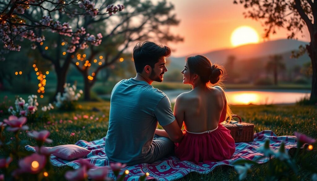 A dreamlike scene depicting self-love and soulmate connection, featuring a young adult couple in a serene, lush garden bathed in soft neon colors. In the foreground, the couple sits on a vibrant picnic blanket, surrounded by blooming flowers and twinkling fairy lights, gazing into each other's eyes with warmth and affection. The middle ground showcases gently swaying trees and a shimmering pond that reflects the glowing hues of the setting sun. In the background, soft-focus hills provide a sense of depth. The lighting is soft and ethereal, creating a tranquil atmosphere, with an angle that captures the intimacy between the couple. Their clothing is casual yet elegant, symbolizing comfort and connection. The overall mood is peaceful, romantic, and uplifting, celebrating the essence of self-love and harmonious relationships.