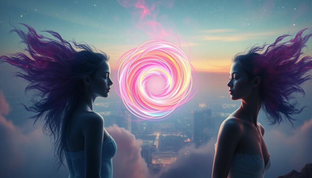 A dreamlike scene depicting the concept of twin flame separation, in a surreal and visually striking style. In the foreground, two ethereal figures, representing twin flames, drift apart, their faces expressing longing and introspection. The middle ground features a swirling vortex of vibrant neon colors, symbolizing the emotional intensity and chaos experienced during separation. In the background, a hazy cityscape under a twilight sky with sparkling stars adds depth, evoking a sense of distance and isolation. Soft, diffuse lighting creates a mystical ambiance with gentle contrasts, while a wide-angle perspective draws the viewer into the emotional landscape. The overall mood is contemplative and poignant, capturing the essence of separation and the journey back to connection. A dreamlike scene depicting the concept of twin flame separation, in a surreal and visually striking style. In the foreground, two ethereal figures, representing twin flames, drift apart, their faces expressing longing and introspection. The middle ground features a swirling vortex of vibrant neon colors, symbolizing the emotional intensity and chaos experienced during separation. In the background, a hazy cityscape under a twilight sky with sparkling stars adds depth, evoking a sense of distance and isolation. Soft, diffuse lighting creates a mystical ambiance with gentle contrasts, while a wide-angle perspective draws the viewer into the emotional landscape. The overall mood is contemplative and poignant, capturing the essence of separation and the journey back to connection.