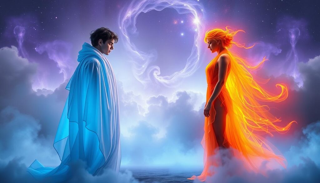 A dreamlike scene illustrating the emotional stages of twin flame separation. In the foreground, two figures stand apart, each cloaked in ethereal light and contrasting colors - one in soft blues representing sadness, the other in vibrant oranges symbolizing passion and longing. Their expressions convey deep emotion, reflecting hope and heartache. In the middle ground, a swirling mist embodies confusion and the passage of time, blending shades of lavender and gray. The background features an abstract, cosmic landscape with nebula-like patterns and faint stars, suggesting connection despite distance. Neon accents highlight the interplay of emotions, with soft, warm lighting casting gentle shadows. The atmosphere feels surreal yet poignant, capturing the highs and lows of this profound journey. A dreamlike scene illustrating the emotional stages of twin flame separation. In the foreground, two figures stand apart, each cloaked in ethereal light and contrasting colors - one in soft blues representing sadness, the other in vibrant oranges symbolizing passion and longing. Their expressions convey deep emotion, reflecting hope and heartache. In the middle ground, a swirling mist embodies confusion and the passage of time, blending shades of lavender and gray. The background features an abstract, cosmic landscape with nebula-like patterns and faint stars, suggesting connection despite distance. Neon accents highlight the interplay of emotions, with soft, warm lighting casting gentle shadows. The atmosphere feels surreal yet poignant, capturing the highs and lows of this profound journey.