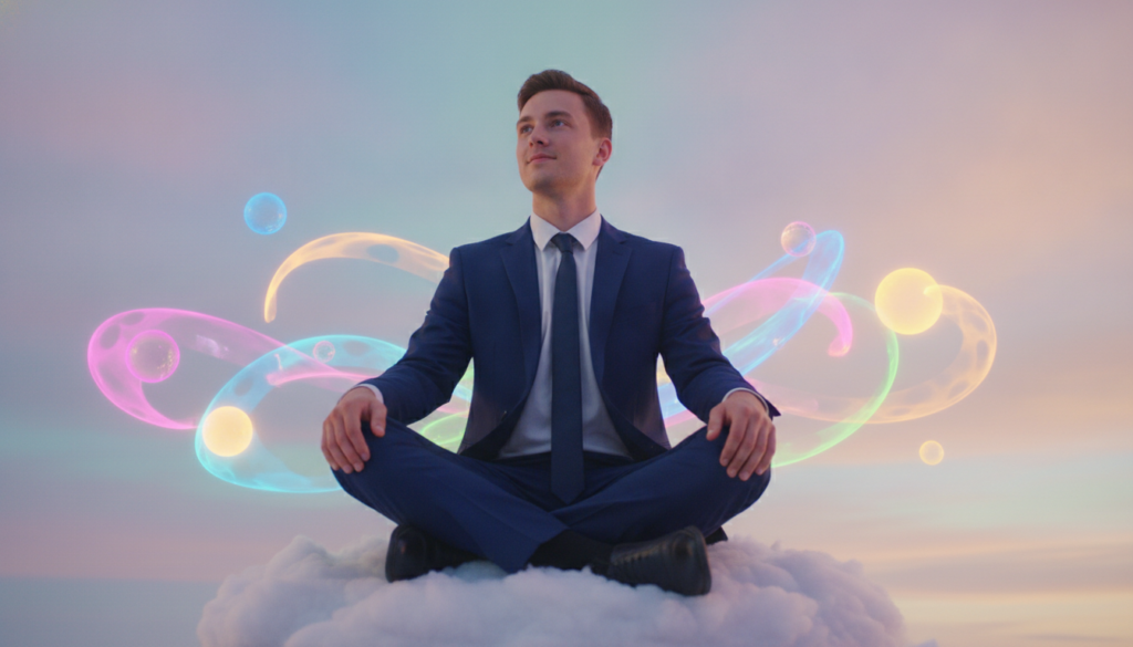 A dreamlike scene illustrating the "state of the wish fulfilled," featuring a young Caucasian adult in professional business attire, sitting cross-legged on a lush, floating cloud amidst a vibrant, neon-colored sky. In the foreground, the individual is gazing blissfully into the distance, with an expression of serene confidence, embodying the essence of imagination and aspiration. The middle ground showcases swirling, abstract shapes and glowing orbs that represent thoughts and dreams, enhancing the feeling of creativity and possibility. The background is a soft gradient of pastel neon colors, creating a surreal atmosphere. Gentle, ethereal lighting bathes the scene, casting soft highlights and shadows to evoke a sense of tranquility and wonder, while the angle captures the subject from slightly below, adding to the uplifting mood. A dreamlike scene illustrating the "state of the wish fulfilled," featuring a young Caucasian adult in professional business attire, sitting cross-legged on a lush, floating cloud amidst a vibrant, neon-colored sky. In the foreground, the individual is gazing blissfully into the distance, with an expression of serene confidence, embodying the essence of imagination and aspiration. The middle ground showcases swirling, abstract shapes and glowing orbs that represent thoughts and dreams, enhancing the feeling of creativity and possibility. The background is a soft gradient of pastel neon colors, creating a surreal atmosphere. Gentle, ethereal lighting bathes the scene, casting soft highlights and shadows to evoke a sense of tranquility and wonder, while the angle captures the subject from slightly below, adding to the uplifting mood.