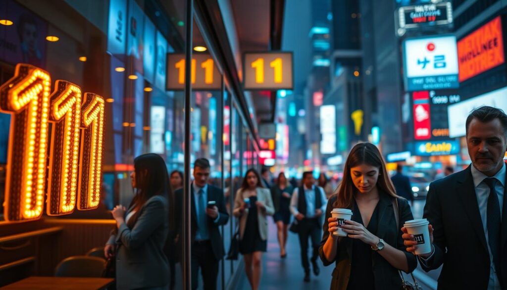 A dreamlike urban scene, showcasing the number "111" in various forms throughout daily life. In the foreground, a shimmering neon sign displays "111" against a sleek, modern café window, reflecting the bustling city's energy. In the middle ground, people in professional business attire walk by, some glancing at their phones showing digital clocks reading 1:11 PM, while others sip coffee from branded cups. The background features a vibrant cityscape, illuminated with twinkling lights, hinting at the sense of wonder and synchronicity. Use vibrant neon colors with a soft, ethereal glow, emphasizing an otherworldly atmosphere. Capture with a wide-angle lens, ensuring a dynamic depth of field, highlighting the contrast between the urban hustle and the mystical presence of the number 111.