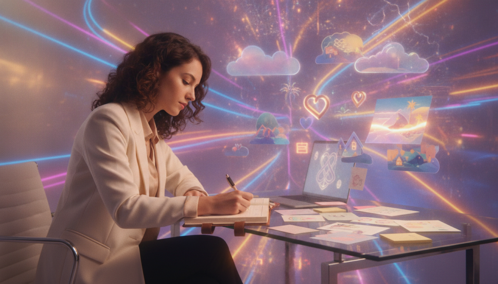 A dreamy abstract scene representing "present tense soulmate scripting," with a luminous, glowing workspace set in a softly lit room. In the foreground, a poised young woman in stylish business attire sits at a sleek desk covered with colorful notes and a journal, writing with a focused expression. The middle layer features floating illustrations of heart shapes, soft clouds, and serene landscapes, symbolizing ideal relationships. The background is a vibrant mix of neon colors and dreamlike patterns that evoke a sense of magic and possibility. The lighting is warm yet ethereal, enhancing the inviting atmosphere. The composition is dynamic, with a slight tilt that suggests a sense of movement and inspiration. Overall, the mood is hopeful and creative, ideal for manifesting dreams. A dreamy abstract scene representing "present tense soulmate scripting," with a luminous, glowing workspace set in a softly lit room. In the foreground, a poised young woman in stylish business attire sits at a sleek desk covered with colorful notes and a journal, writing with a focused expression. The middle layer features floating illustrations of heart shapes, soft clouds, and serene landscapes, symbolizing ideal relationships. The background is a vibrant mix of neon colors and dreamlike patterns that evoke a sense of magic and possibility. The lighting is warm yet ethereal, enhancing the inviting atmosphere. The composition is dynamic, with a slight tilt that suggests a sense of movement and inspiration. Overall, the mood is hopeful and creative, ideal for manifesting dreams.