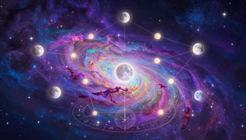 A dreamy, celestial landscape featuring a vibrant representation of lunar nodes in astrology. In the foreground, intricate astrological symbols intertwine with ethereal, glowing celestial bodies, creating a harmonious balance. The middle ground showcases swirling nebulae in neon colors with shimmering star clusters that radiate a mystical energy. In the background, a serene night sky transitions from deep purples to midnight blues, dotted with twinkling stars. The lighting is soft yet vivid, casting gentle glows on the lunar nodes, evoking a sense of wonder and introspection. Capture the essence of enlightenment and the quest for purpose, with a high-end magazine advertisement feel that appeals to adult Gen Z, aiming for a reflective, inspiring atmosphere. No text or human figures present. A dreamy, celestial landscape featuring a vibrant representation of lunar nodes in astrology. In the foreground, intricate astrological symbols intertwine with ethereal, glowing celestial bodies, creating a harmonious balance. The middle ground showcases swirling nebulae in neon colors with shimmering star clusters that radiate a mystical energy. In the background, a serene night sky transitions from deep purples to midnight blues, dotted with twinkling stars. The lighting is soft yet vivid, casting gentle glows on the lunar nodes, evoking a sense of wonder and introspection. Capture the essence of enlightenment and the quest for purpose, with a high-end magazine advertisement feel that appeals to adult Gen Z, aiming for a reflective, inspiring atmosphere. No text or human figures present.