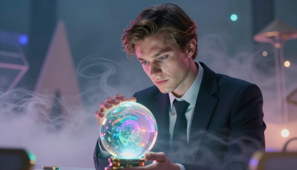 A dreamy, ethereal scene featuring a Caucasian young adult in a professional business attire, exuding an aura of intuition and vision. In the foreground, they are gazing thoughtfully into a crystal ball that glows with vibrant neon colors, symbolizing clarity and insight. The middle ground features wisps of luminous mist swirling around, creating a sense of depth and otherworldly energy. In the background, abstract geometric shapes and soft, glowing lights enhance the dreamcore aesthetic, suggesting the connection between the physical and spiritual realms. The lighting is soft and ambient, accentuating the subject's contemplative expression. The overall mood should feel inspiring and introspective, inviting viewers to explore the depths of their own intuition and potential. The angle is slightly elevated, capturing the scene from a dynamic perspective. A dreamy, ethereal scene featuring a Caucasian young adult in a professional business attire, exuding an aura of intuition and vision. In the foreground, they are gazing thoughtfully into a crystal ball that glows with vibrant neon colors, symbolizing clarity and insight. The middle ground features wisps of luminous mist swirling around, creating a sense of depth and otherworldly energy. In the background, abstract geometric shapes and soft, glowing lights enhance the dreamcore aesthetic, suggesting the connection between the physical and spiritual realms. The lighting is soft and ambient, accentuating the subject's contemplative expression. The overall mood should feel inspiring and introspective, inviting viewers to explore the depths of their own intuition and potential. The angle is slightly elevated, capturing the scene from a dynamic perspective.
