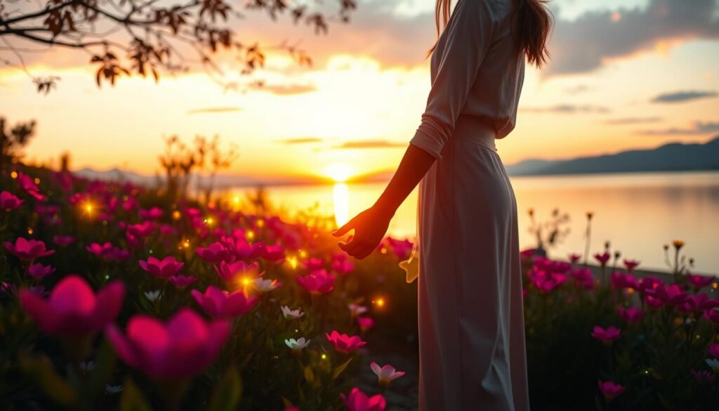 A dreamy scene capturing the essence of the honeymoon stage in a twin flame relationship, featuring a couple in modest, stylish clothing, standing close together in an ethereal garden filled with vibrant neon flowers. In the foreground, their hands are gently intertwined, symbolizing connection and unity. The middle ground showcases soft, shimmering lights creating a magical atmosphere, reflecting both hope and joy. In the background, a serene sunset casts a warm glow over a tranquil lake, hinting at the deeper journey ahead. The overall mood is whimsical and romantic, with a slight dreamcore aesthetic, evoking feelings of blissful serenity. Use a soft focus lens with bright, saturated colors to enhance the dreamlike quality, capturing the fleeting nature of this phase.