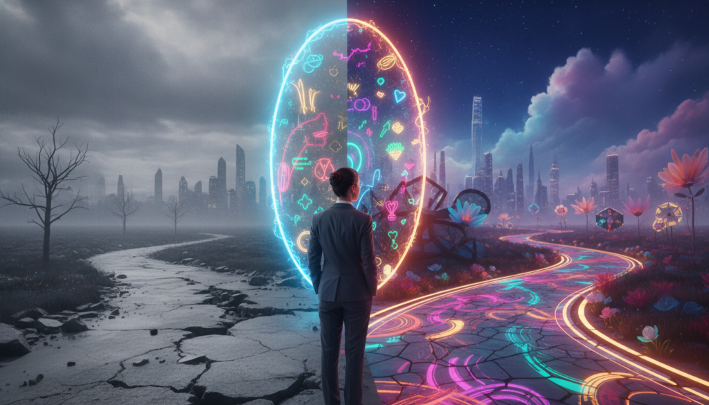 A dreamy, surreal landscape reflecting the concept of the "law of assumption" contrasted with "current reality." In the foreground, a person in professional business attire stands confidently, gazing into a shimmering portal that represents their desired reality, illuminated with vibrant neon colors. The middle ground showcases two distinct paths: one leading to a drab, grey environment symbolizing current reality, and the other vibrant and colorful, representing their assumed reality filled with abstract shapes and dreamlike elements. The background features an ethereal skyline under a starry night, enhancing the mood of aspiration and possibility. The lighting is soft yet vivid, casting enchanting glows that highlight the dichotomy between the two worlds. The overall atmosphere is one of hope and transformation, emphasizing the power of mindset and belief. A dreamy, surreal landscape reflecting the concept of the "law of assumption" contrasted with "current reality." In the foreground, a person in professional business attire stands confidently, gazing into a shimmering portal that represents their desired reality, illuminated with vibrant neon colors. The middle ground showcases two distinct paths: one leading to a drab, grey environment symbolizing current reality, and the other vibrant and colorful, representing their assumed reality filled with abstract shapes and dreamlike elements. The background features an ethereal skyline under a starry night, enhancing the mood of aspiration and possibility. The lighting is soft yet vivid, casting enchanting glows that highlight the dichotomy between the two worlds. The overall atmosphere is one of hope and transformation, emphasizing the power of mindset and belief.
