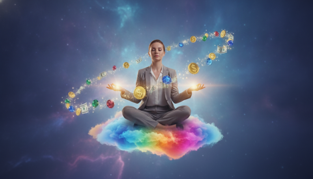 A dreamy, surreal scene depicting the concept of "manifesting money mindset." In the foreground, a young adult Caucasian woman dressed in professional business attire sits cross-legged on a glowing, abstract, floating cloud made of vibrant neon colors. Her eyes are focused and her hands are gently raised, palms open, emanating soft golden light, symbolizing attraction and abundance. The middle ground shows ethereal symbols of wealth—gold coins, dollar bills, and shining gemstones—floating around her in a gentle, spiraling motion. The background features a soft gradient of deep blues and purples, with a faint cosmic pattern, creating a peaceful yet energizing atmosphere. Soft, ambient lighting enhances the dreamy feel, reminiscent of a high-end magazine advertisement, evoking a sense of possibility and optimism.