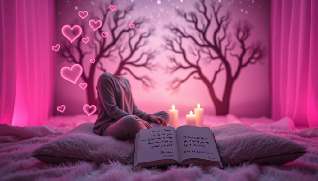 A dreamy visualization scene depicting a cozy, serene space bathed in soft pink and purple neon hues, symbolizing love. In the foreground, a person sits cross-legged on a plush floor cushion, eyes closed and surrounded by floating, ethereal heart shapes and gentle light trails. Midway, an open journal with elegantly scripted affirmations is placed beside them, while a flickering candle adds warmth and tranquility. The background features softly blurred silhouettes of intertwining trees under a starlit sky, enhancing the mystical atmosphere. Soft light illuminates the scene from an unseen source, casting a gentle glow on the subject’s peaceful expression, embodying the essence of manifesting love. The composition feels inspiring and uplifting, with a modern, high-end magazine aesthetic.