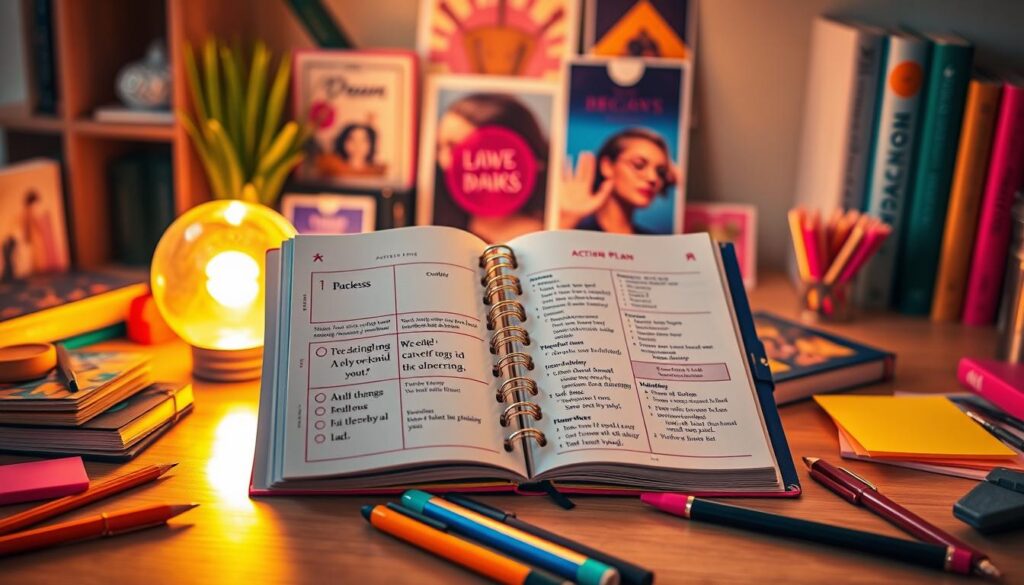 A dreamy workspace filled with manifestation tools, featuring a sleek, modern planner opened to vibrant pages with inspiring quotes and action plans. In the foreground, stylish stationery, including colorful pens and post-it notes, is scattered artistically. The middle ground displays a glowing crystal ball, tarot cards, and a vision board with images symbolizing success and dreams. The background features a softly blurred bookshelf with motivational books in neon colors. The lighting is warm and magical, reminiscent of a sunset, enhancing the dreamlike quality of the scene. The overall atmosphere conveys positivity, creativity, and the empowerment of taking action towards one's goals, appealing to a high-end adult Gen Z audience. A dreamy workspace filled with manifestation tools, featuring a sleek, modern planner opened to vibrant pages with inspiring quotes and action plans. In the foreground, stylish stationery, including colorful pens and post-it notes, is scattered artistically. The middle ground displays a glowing crystal ball, tarot cards, and a vision board with images symbolizing success and dreams. The background features a softly blurred bookshelf with motivational books in neon colors. The lighting is warm and magical, reminiscent of a sunset, enhancing the dreamlike quality of the scene. The overall atmosphere conveys positivity, creativity, and the empowerment of taking action towards one's goals, appealing to a high-end adult Gen Z audience.