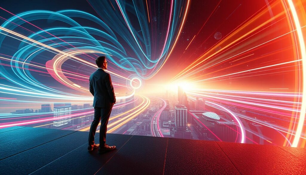 A dynamic and surreal visualization representing special relativity and the constant speed of light. In the foreground, a figure in professional attire stands confidently, gazing into the distance, surrounded by swirling trails of light and vibrant neon colors that symbolize both time distortion and speed. The middle layer features a futuristic cityscape with abstract geometric shapes and light beams radiating outward, illustrating the bending of space-time. In the background, cosmic elements like stars, galaxies, and a visually striking depiction of the speed of light, such as light streaks and a luminous horizon, create a sense of infinite possibilities. The lighting should be dramatic, casting soft glows and deep shadows that evoke a mysterious yet inspiring atmosphere, captured with a wide-angle lens to enhance depth.